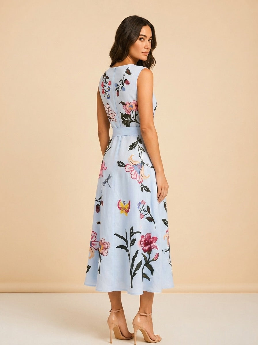 Fanm Mon Light Blue Butterfly/Floral Embroidered Linen Dress — detail