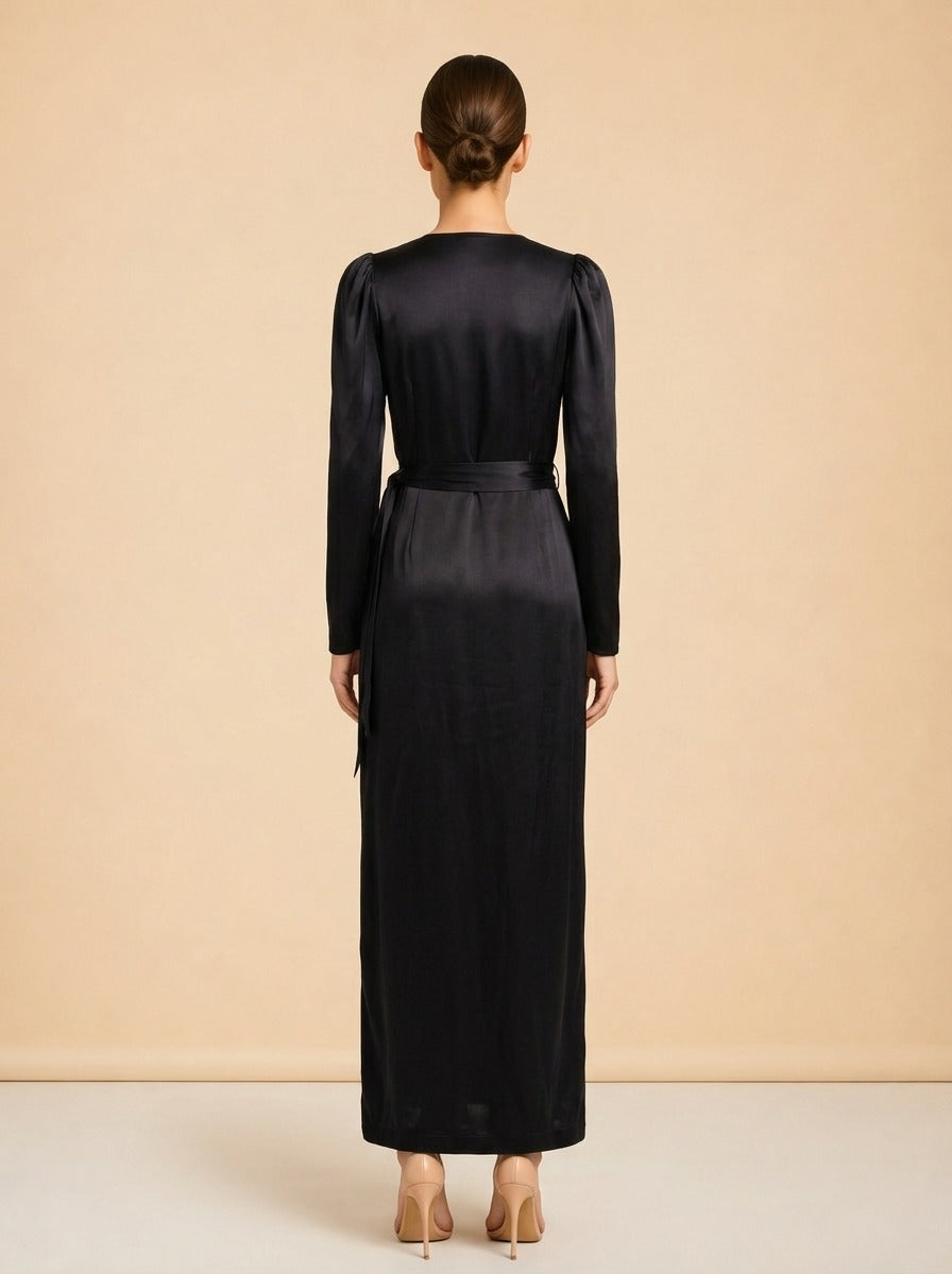 ROTATE Long Silk Black Dress model back