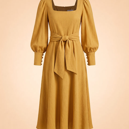 BNWT Johanna Ortiz Lotus &amp; Beetle Mustard Midi Dress with Sash ghost_front
