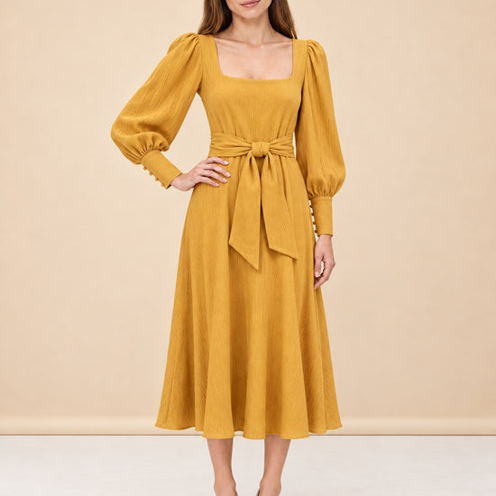 BNWT Johanna Ortiz Lotus &amp; Beetle Mustard Midi Dress with Sash model_front_2