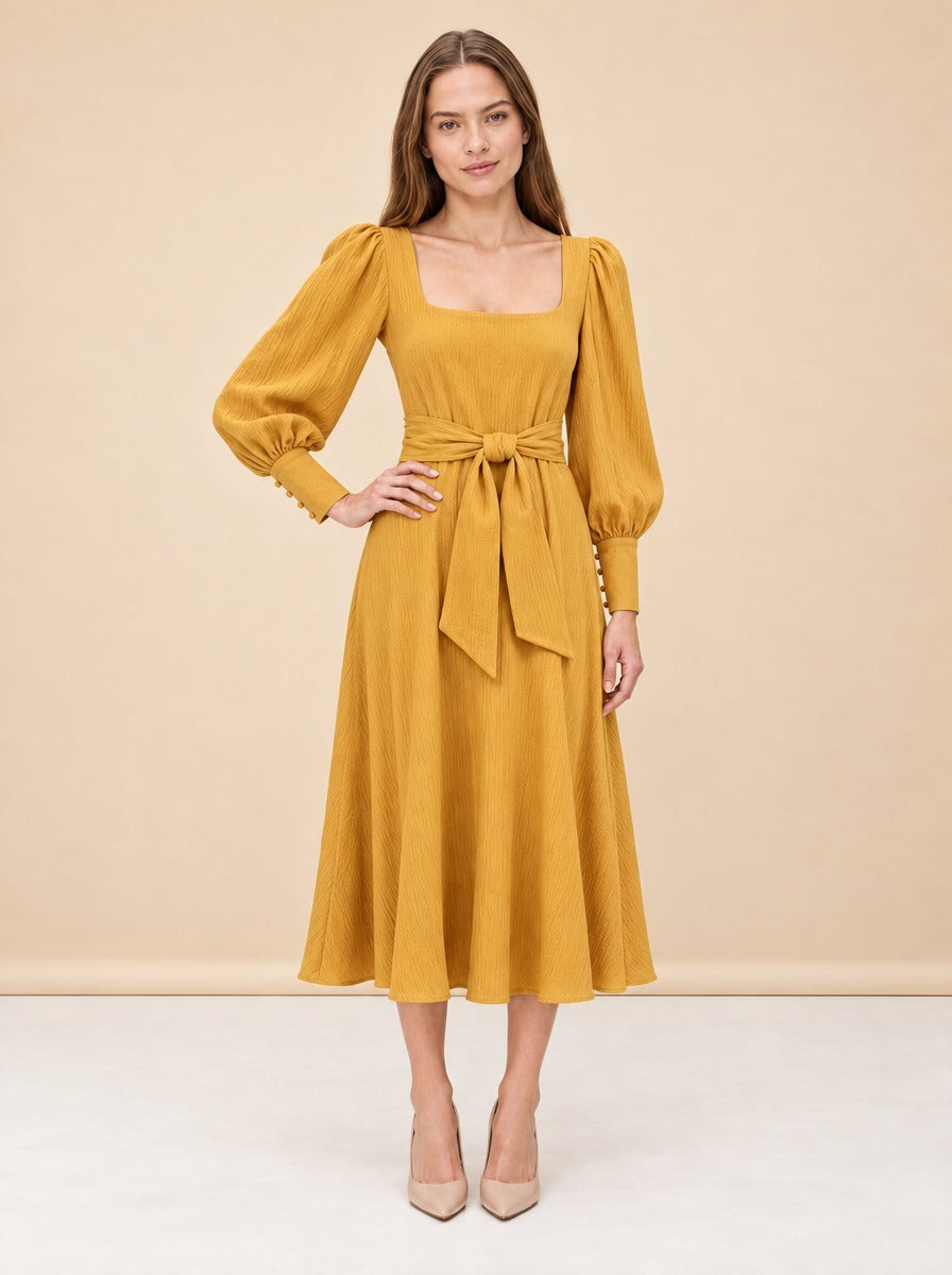 BNWT Johanna Ortiz Lotus &amp; Beetle Mustard Midi Dress with Sash model_front_2