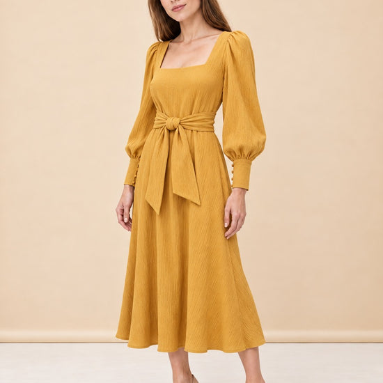 BNWT Johanna Ortiz Lotus &amp; Beetle Mustard Midi Dress with Sash model_front_3