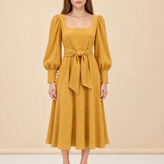 BNWT Johanna Ortiz Lotus &amp; Beetle Mustard Midi Dress with Sash model_front