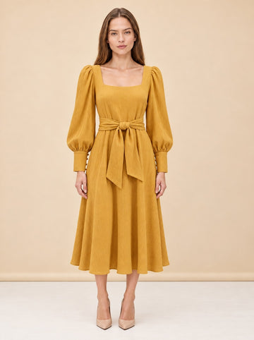 BNWT Johanna Ortiz Lotus &amp; Beetle Mustard Midi Dress with Sash model_front