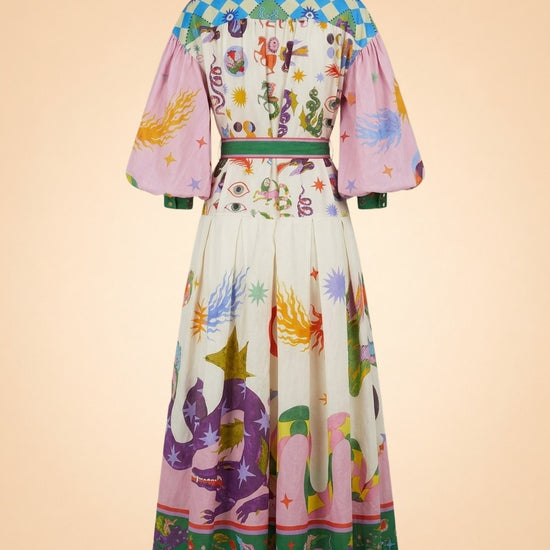 Lou Benesch Seeker Belted Printed Ramie Shirt Dress ghost_back