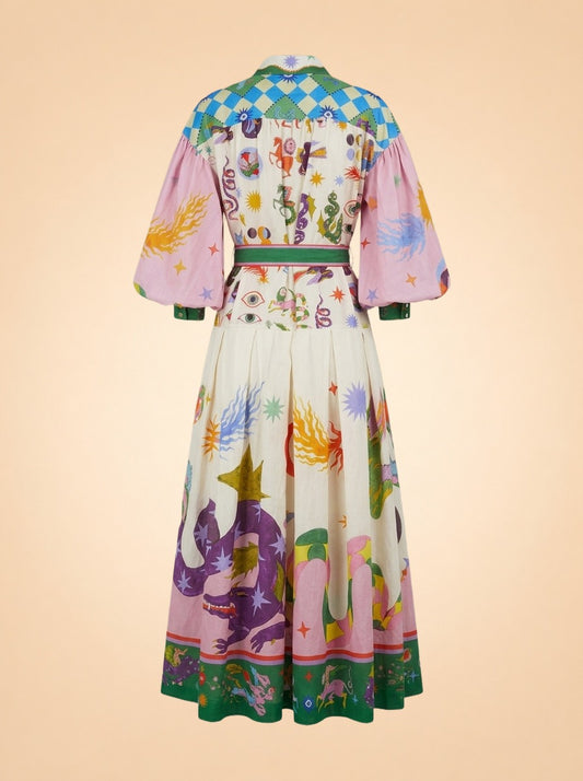 Lou Benesch Seeker Belted Printed Ramie Shirt Dress ghost_back