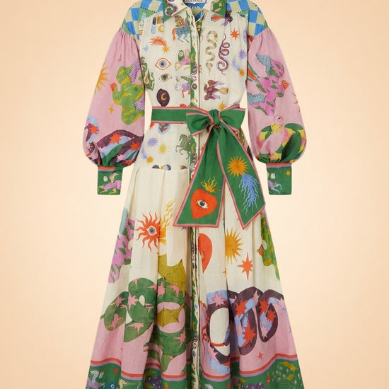 Lou Benesch Seeker Belted Printed Ramie Shirt Dress ghost_front