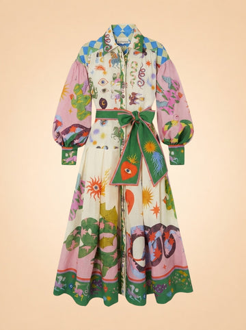 Lou Benesch Seeker Belted Printed Ramie Shirt Dress ghost_front