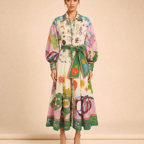 Lou Benesch Seeker Belted Printed Ramie Shirt Dress model_front