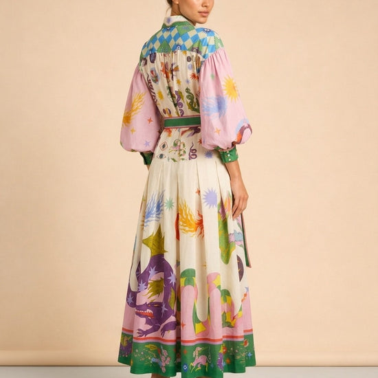 Lou Benesch Seeker Belted Printed Ramie Shirt Dress model_over_shoulder