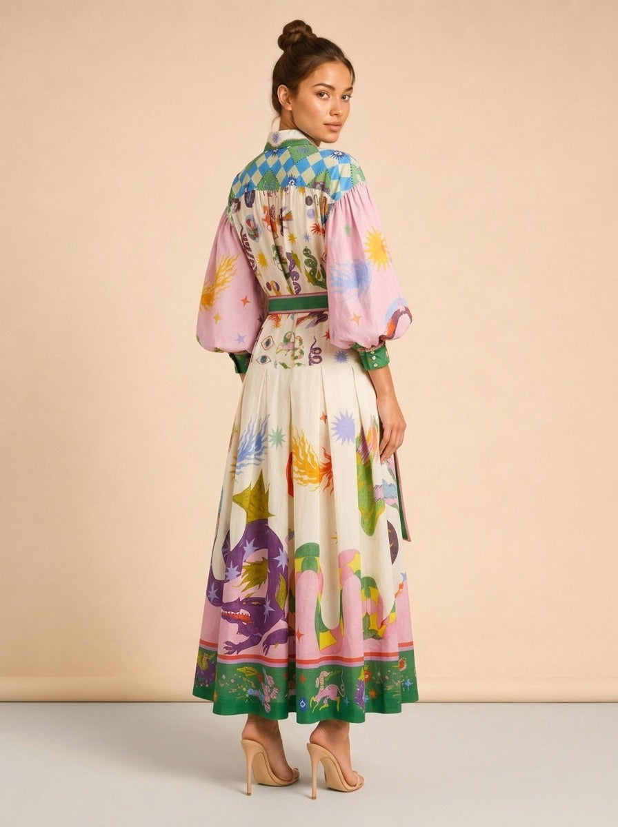 Lou Benesch Seeker Belted Printed Ramie Shirt Dress model_over_shoulder