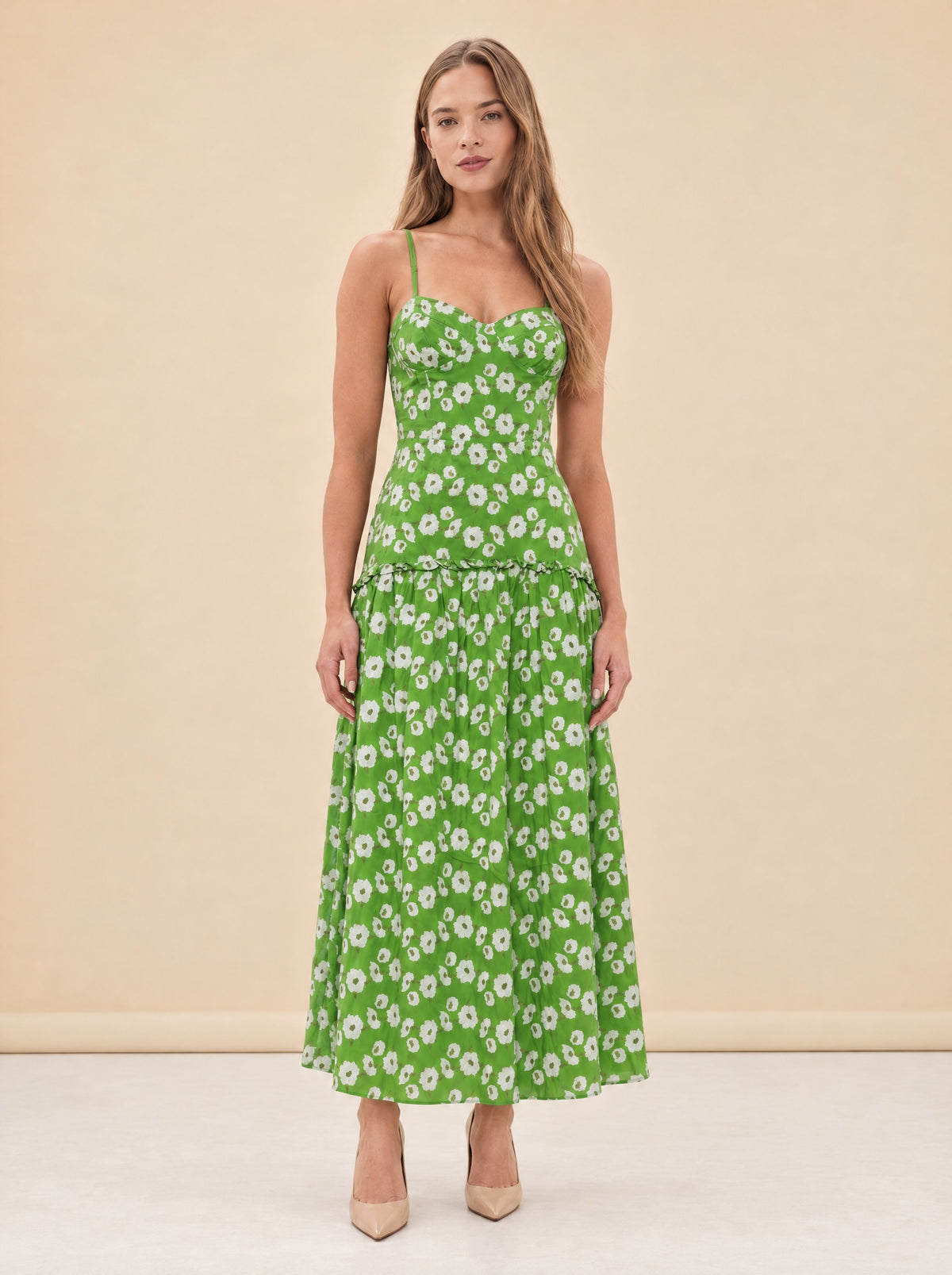 Lydia Dress in Magnolia Green Embroidery model_front