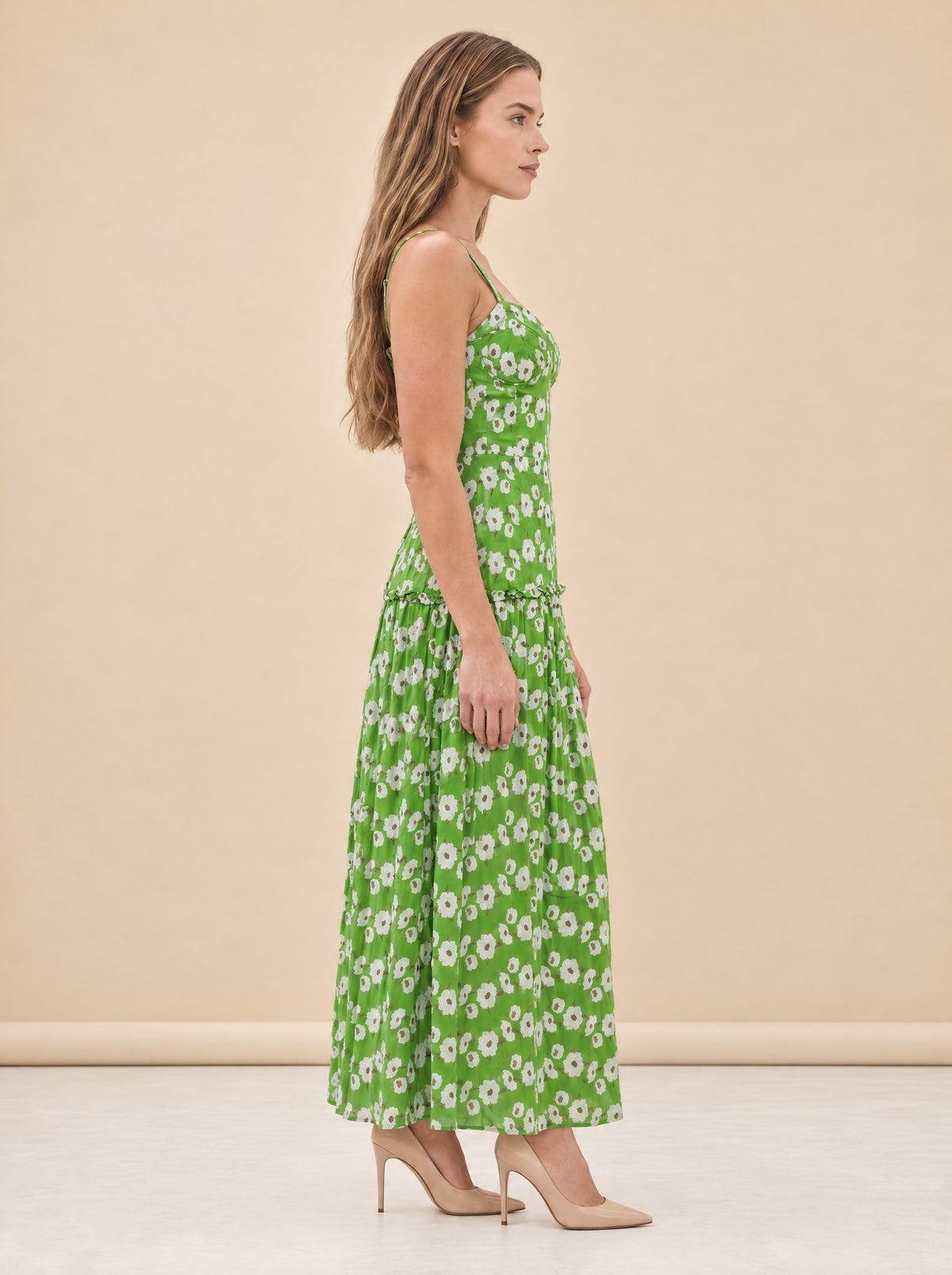 Lydia Dress in Magnolia Green Embroidery model_side