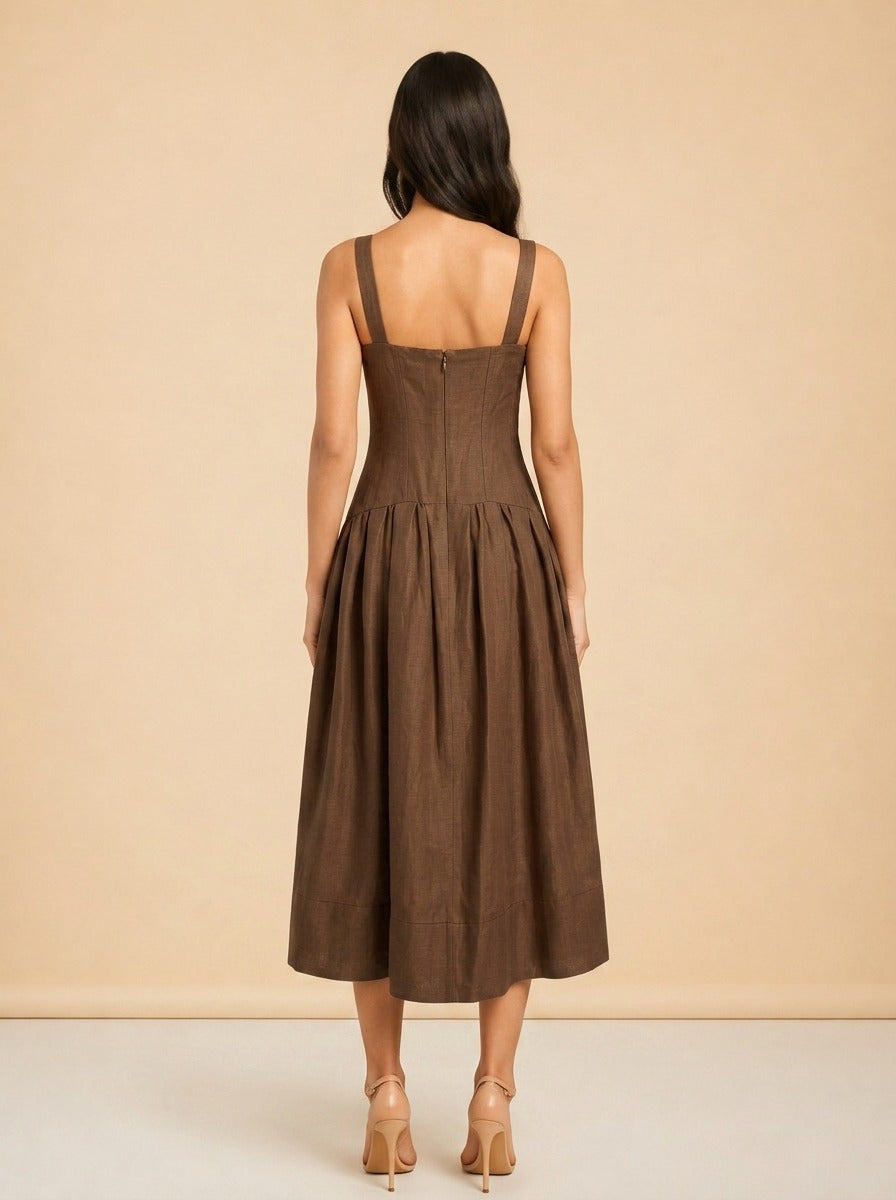 Makenna Linen Corset Midi Dress – Cigar model_back