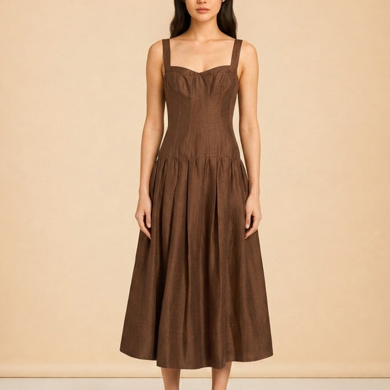 Makenna Linen Corset Midi Dress – Cigar model_front
