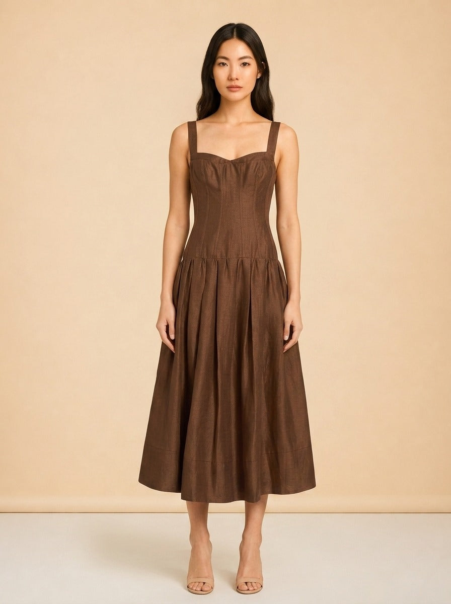 Makenna Linen Corset Midi Dress – Cigar model_front