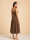 Makenna Linen Corset Midi Dress – Cigar model_over_shoulder