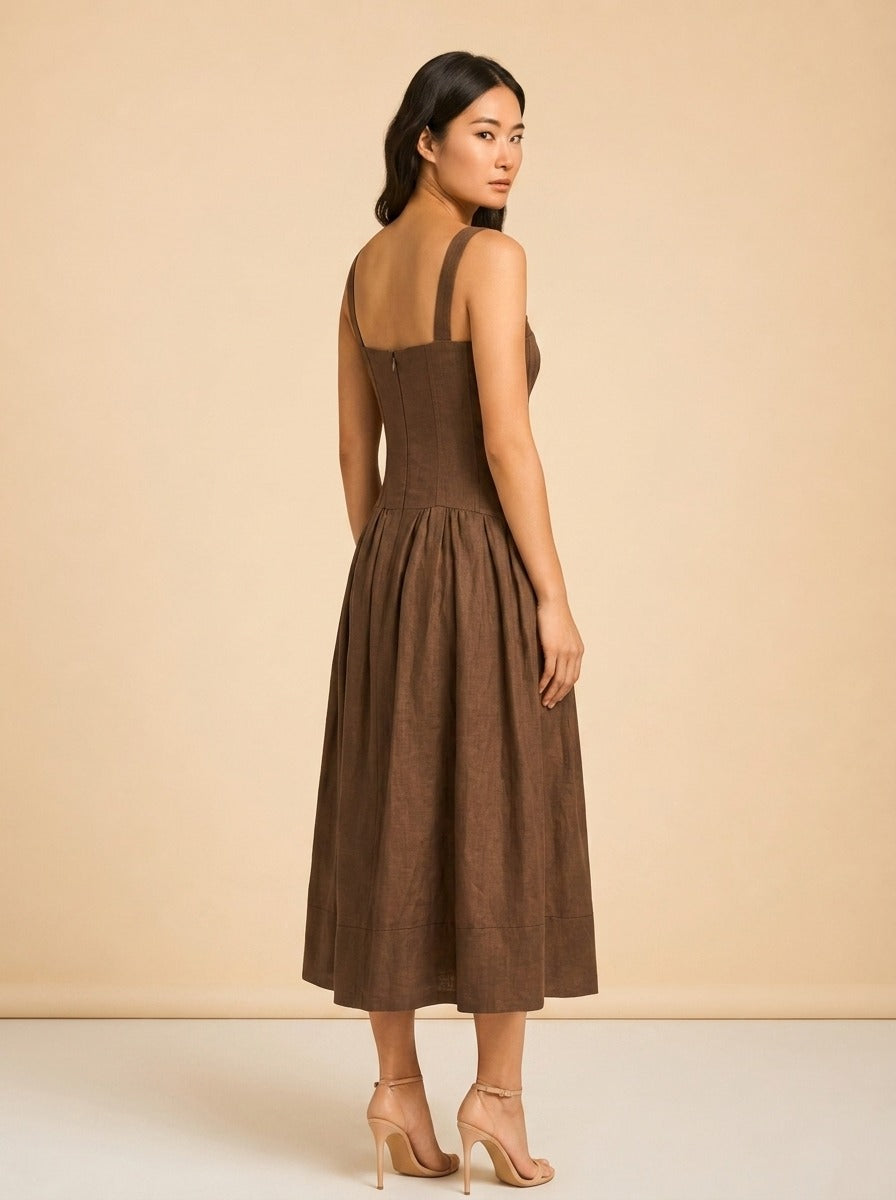 Makenna Linen Corset Midi Dress – Cigar model_over_shoulder