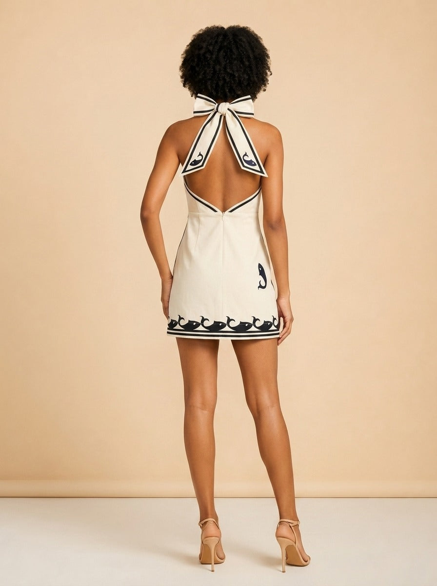 Alémais Marine Mini Dress (cream whale/nautical) — on model, back