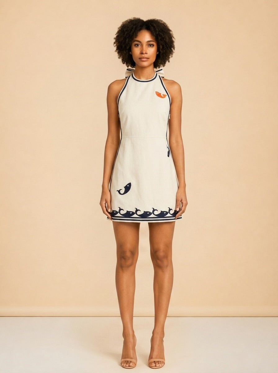 Alémais Marine Mini Dress (cream whale/nautical) — on model, front