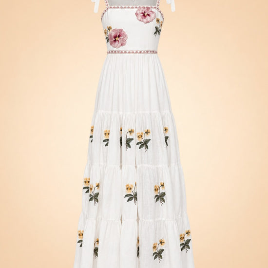 Tara Pansy Embroidered Tie-Shoulder Maxi Dress — ghost front