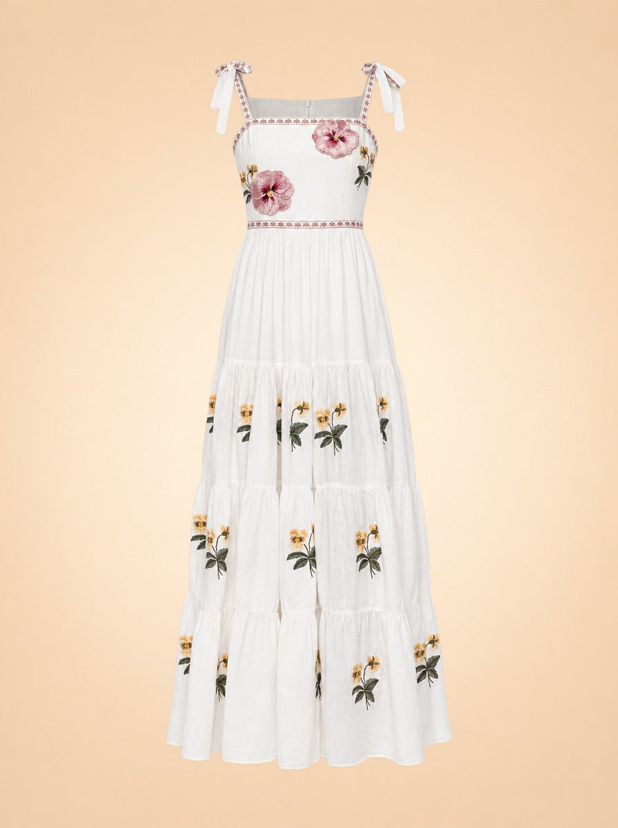 Tara Pansy Embroidered Tie-Shoulder Maxi Dress — ghost front