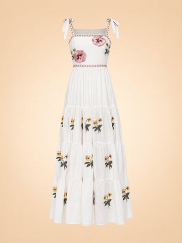 Tara Pansy Embroidered Tie-Shoulder Maxi Dress — ghost front