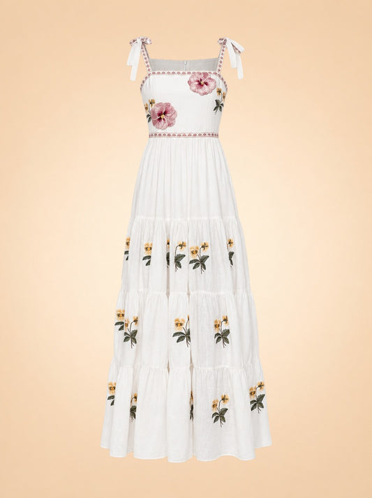 Tara Pansy Embroidered Tie-Shoulder Maxi Dress — ghost front