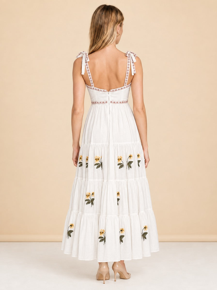 Tara Pansy Embroidered Tie-Shoulder Maxi Dress — model back