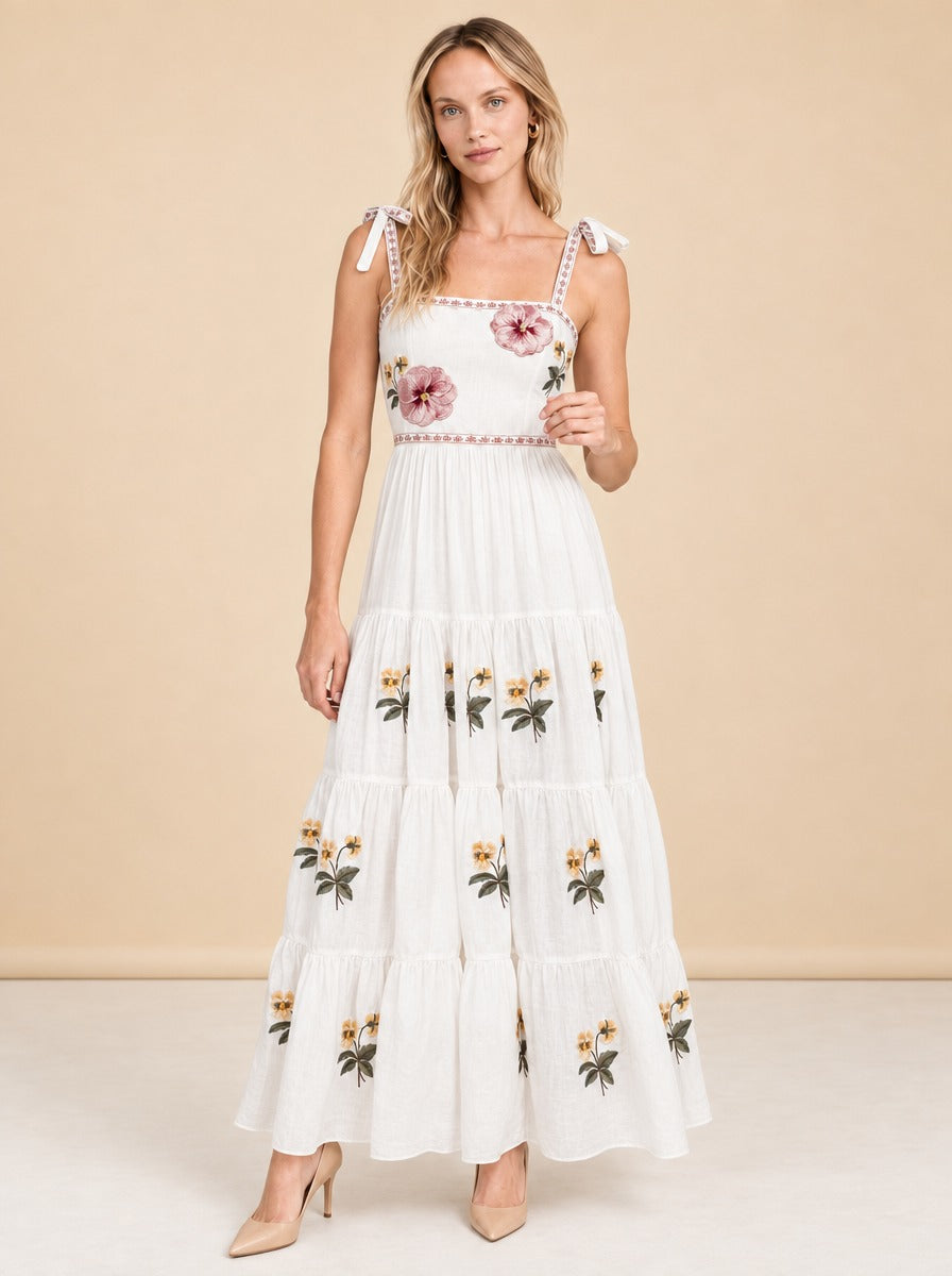 Tara Pansy Embroidered Tie-Shoulder Maxi Dress — model front 2