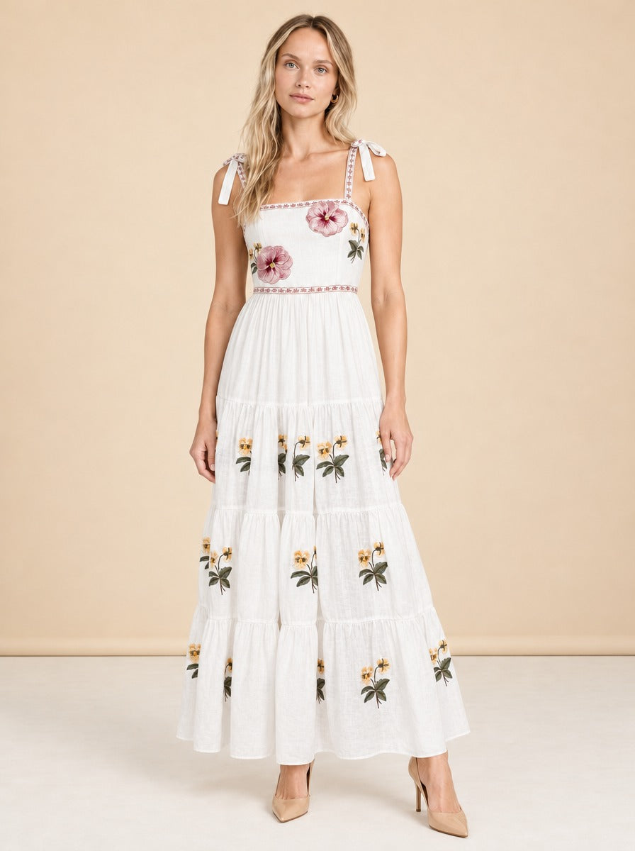 Tara Pansy Embroidered Tie-Shoulder Maxi Dress — model front 3