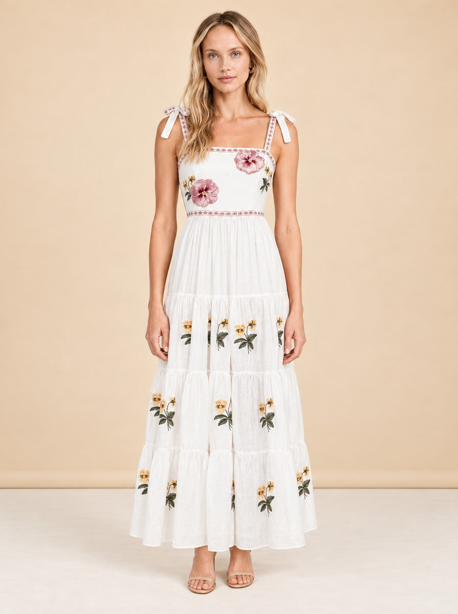 Tara Pansy Embroidered Tie-Shoulder Maxi Dress — model front