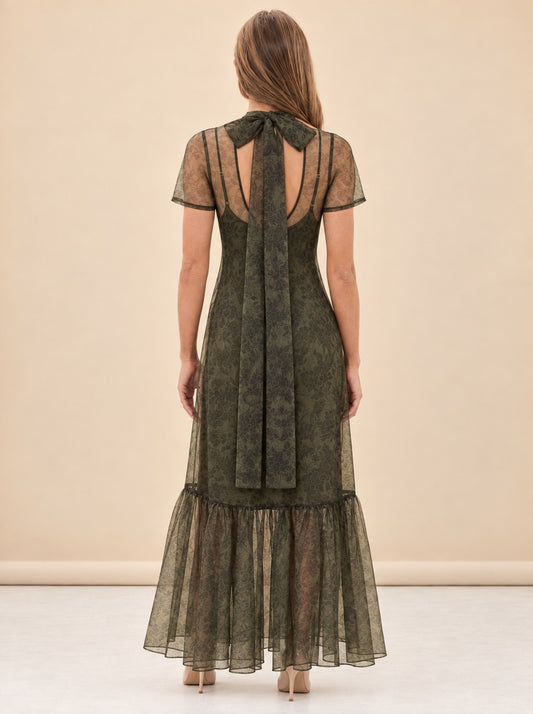 Melody Sheer Organza Maxi Dress – Olive Floral