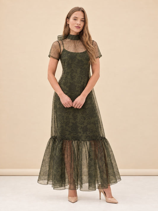 Melody Sheer Organza Maxi Dress – Olive Floral