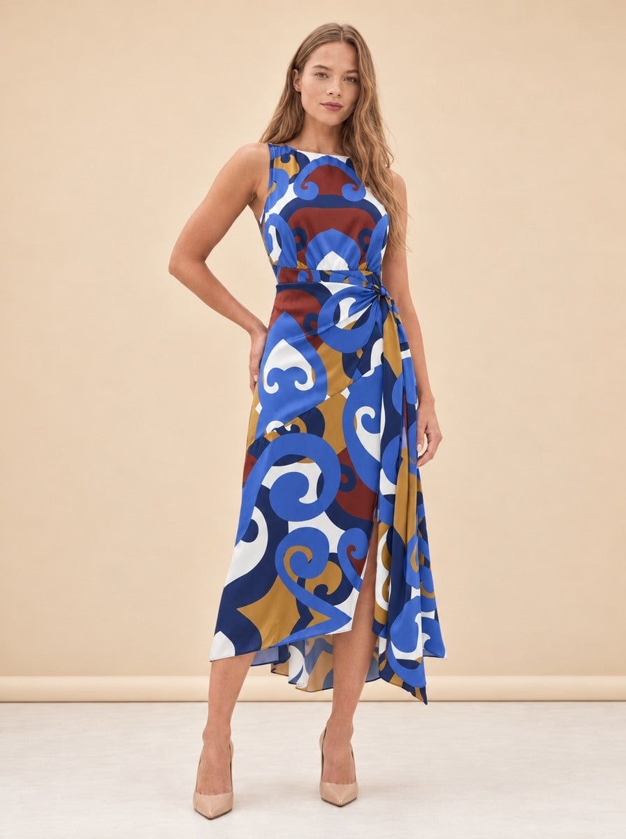 Miles Printed Satin Wrap Midi Dress — model front 3