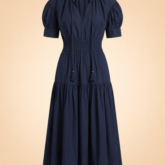 A.L.C. Navy Puff-Sleeve Rope-Tie Tiered Dress — front