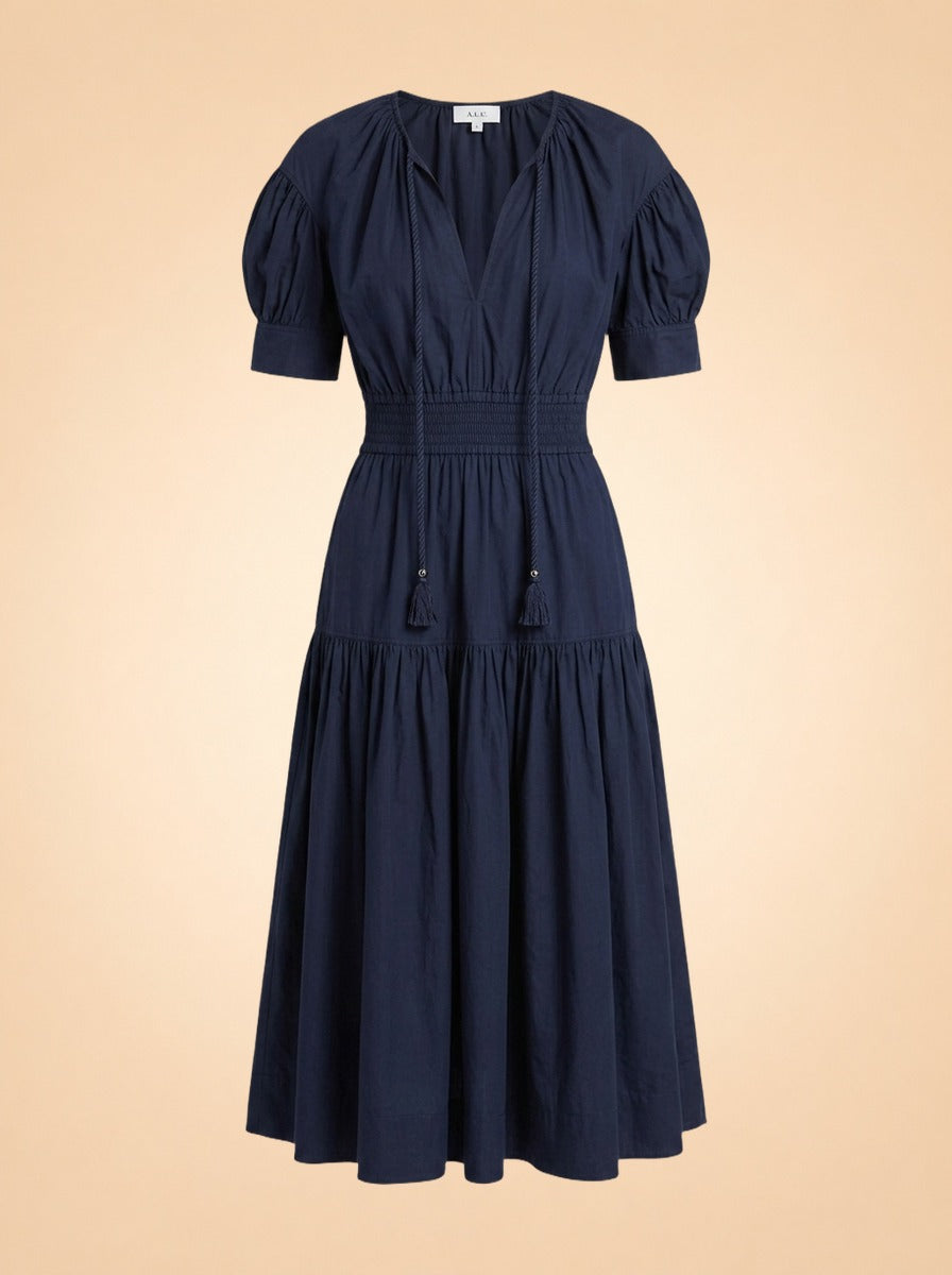 A.L.C. Navy Puff-Sleeve Rope-Tie Tiered Dress — front
