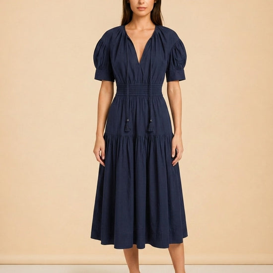 A.L.C. Navy Puff-Sleeve Rope-Tie Tiered Dress — on model, front