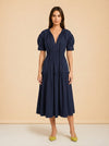A.L.C. Navy Puff-Sleeve Rope-Tie Tiered Dress — on model, front