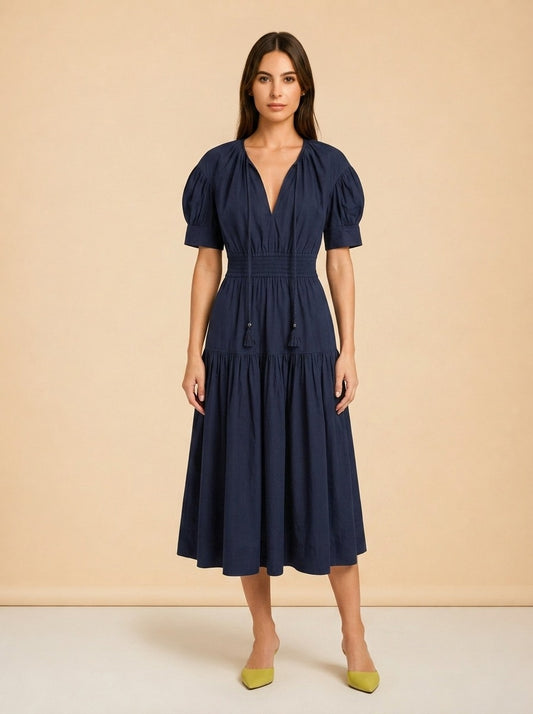 A.L.C. Navy Puff-Sleeve Rope-Tie Tiered Dress — on model, front