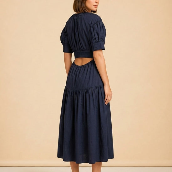 A.L.C. Navy Puff-Sleeve Rope-Tie Tiered Dress — detail