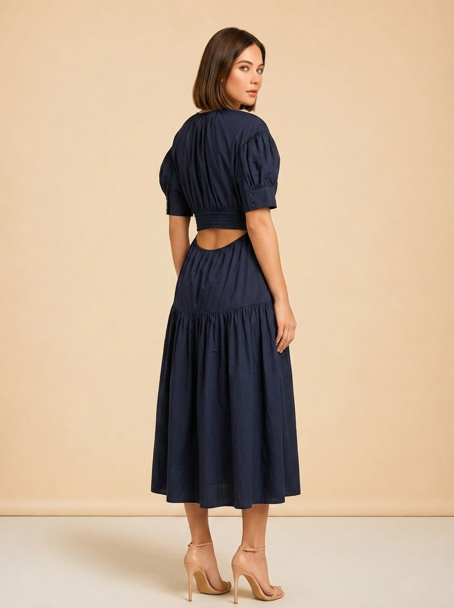 A.L.C. Navy Puff-Sleeve Rope-Tie Tiered Dress — detail