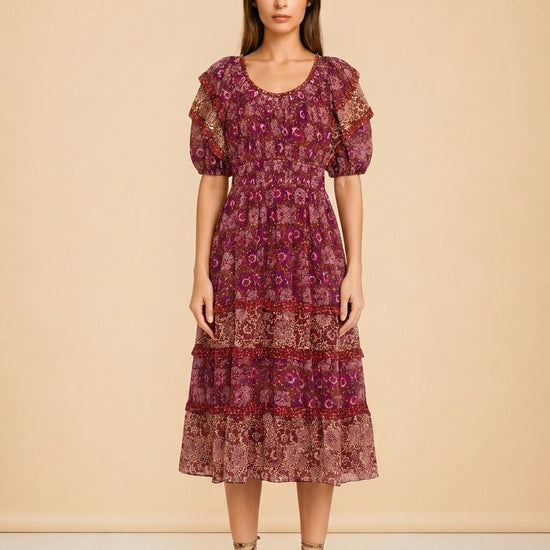 Naysa Tiered Printed Fil Coupé Silk and Lurex-Blend Midi Dress
