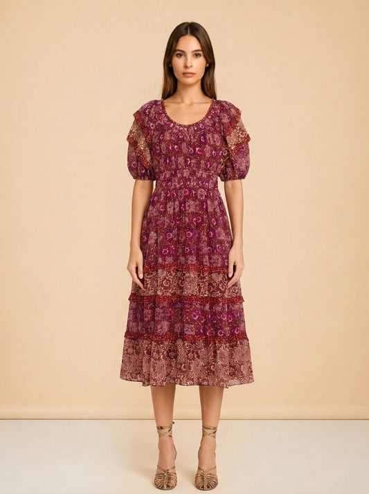 Naysa Tiered Printed Fil Coupé Silk and Lurex-Blend Midi Dress