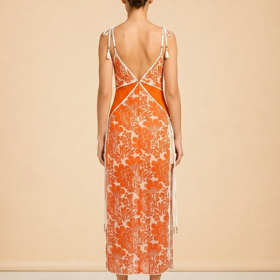 Alexis Orange & White Floral Slip Dress — on model, back