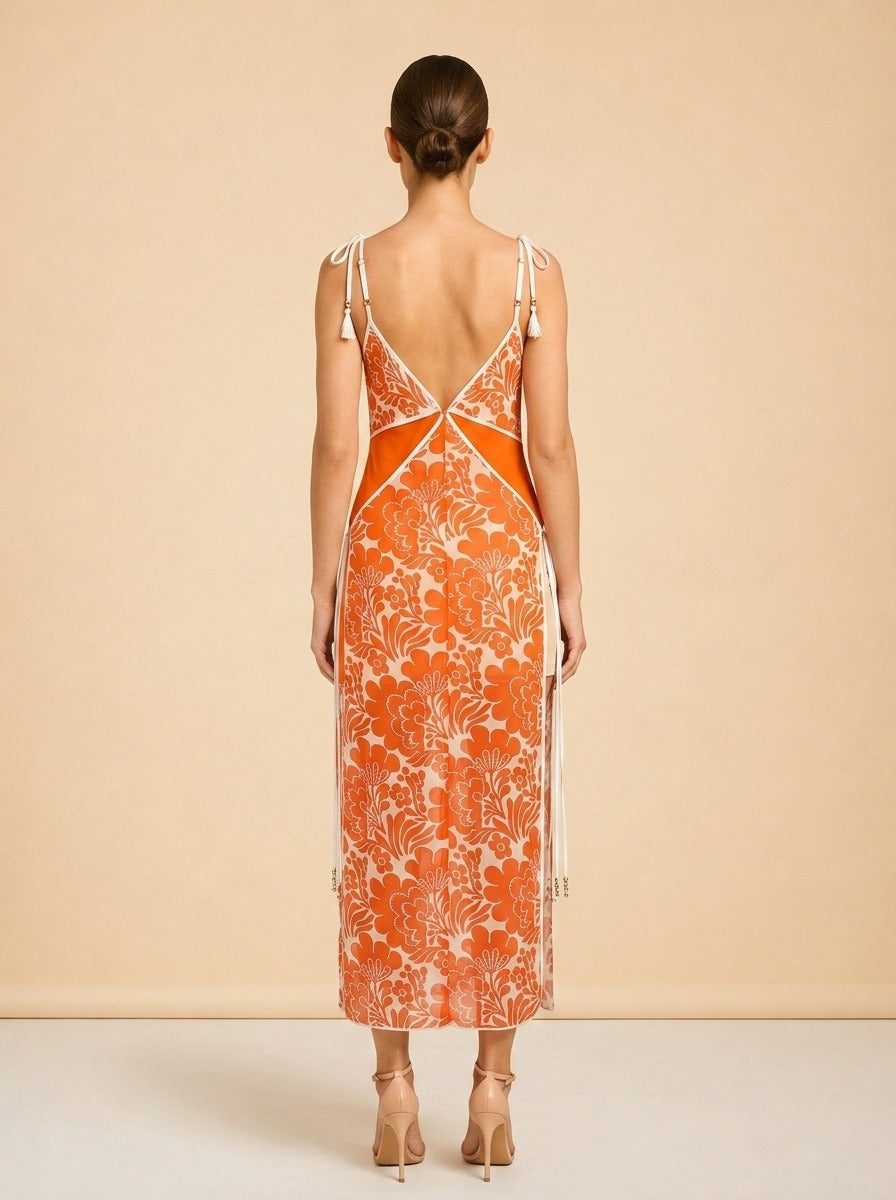 Alexis Orange & White Floral Slip Dress — on model, back
