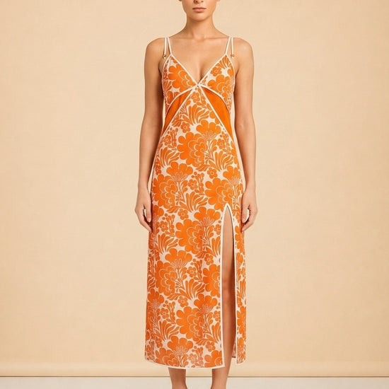 Alexis Orange & White Floral Slip Dress — on model, front