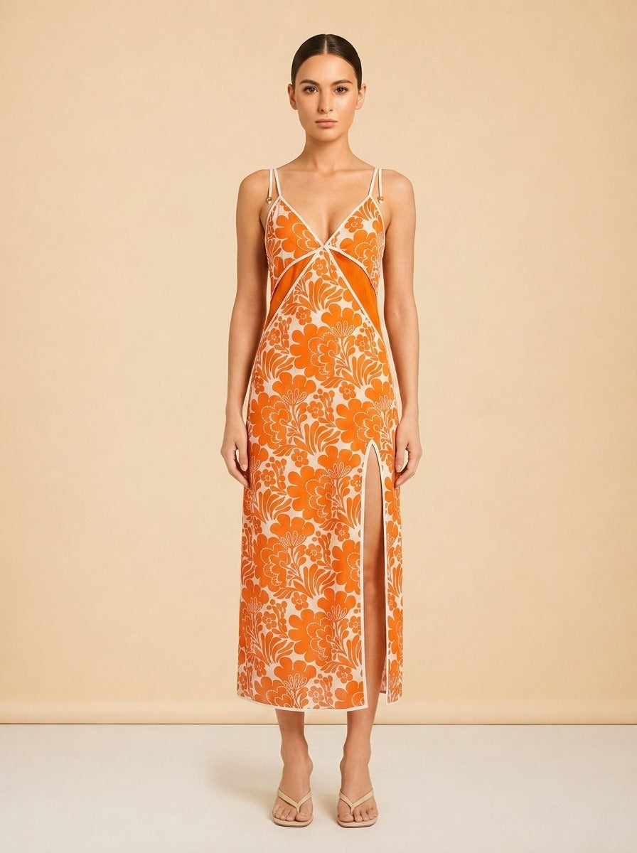 Alexis Orange & White Floral Slip Dress — on model, front