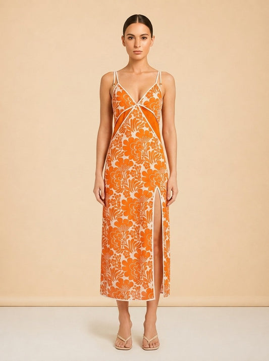 Alexis Orange & White Floral Slip Dress — on model, front