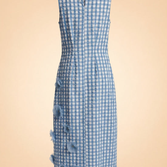 Origami Ginham Print Poplin Round Neck Sleeveless 3D Flower Dress ghost_back